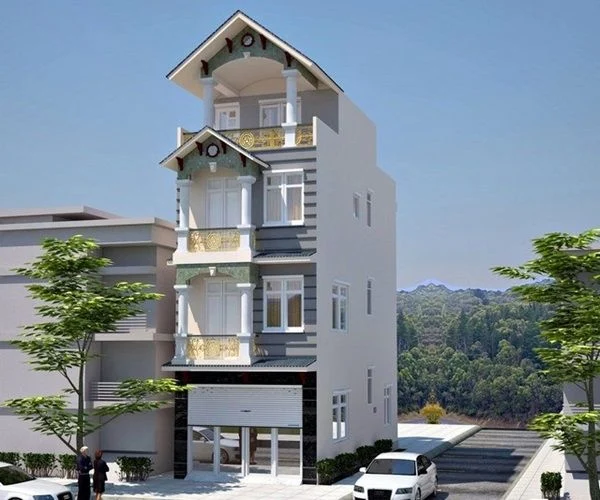 Nhà ống được sơn màu trắng xám tuy đơn giản mà không kém phần nổi bật