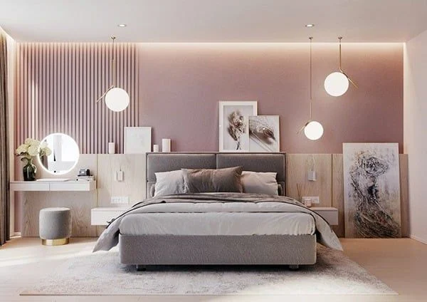 Tông màu hồng nhạt cho gia chủ mệnh hoả được phối trong phòng ngủ