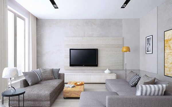 Phòng khách được sơn màu trắng xám giúp căn phòng trở nên tươi sáng hơn